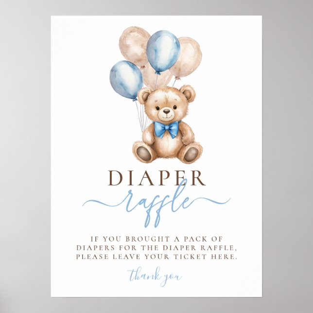 Teddy Bear Balloons Boy Baby Shower Diaper Raffle Poster (Front)