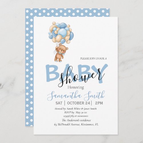 Teddy Bear Balloons Boy Baby Shower Invitation