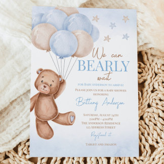 Teddy Bear Balloons Boy Baby Shower Invitation