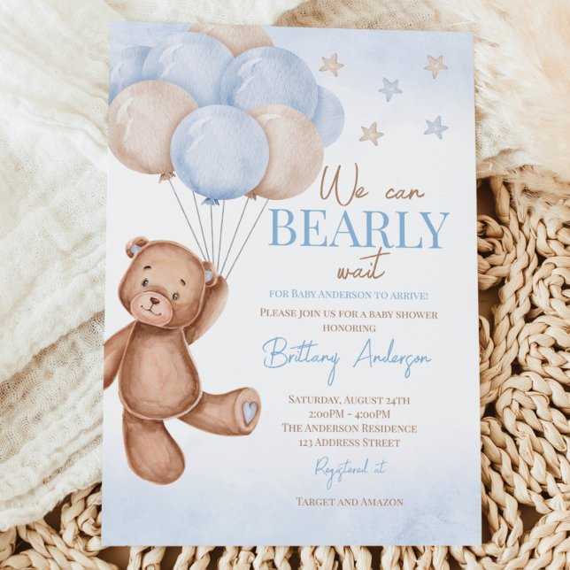 Teddy Bear Balloons Boy Baby Shower Invitation (Creator Uploaded)