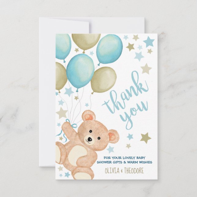Teddy Bear Balloons Boy Baby Shower Thank You Note Card (Front)