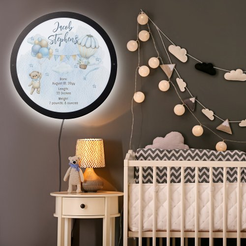 Teddy Bear Balloons Boy Babys Name Nursery  LED Sign