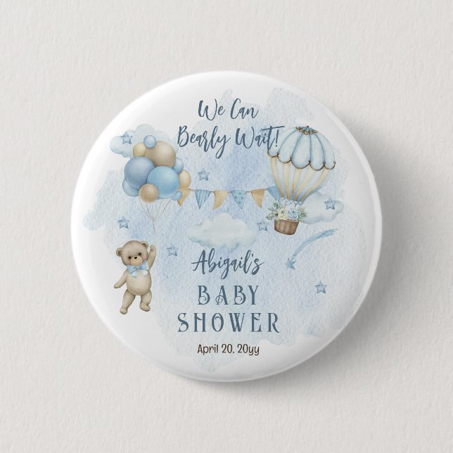 Teddy Bear Balloons Boy Bearly Wait Baby Shower  Button (Front)