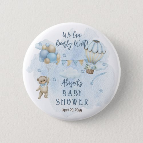 Teddy Bear Balloons Boy Bearly Wait Baby Shower  Button