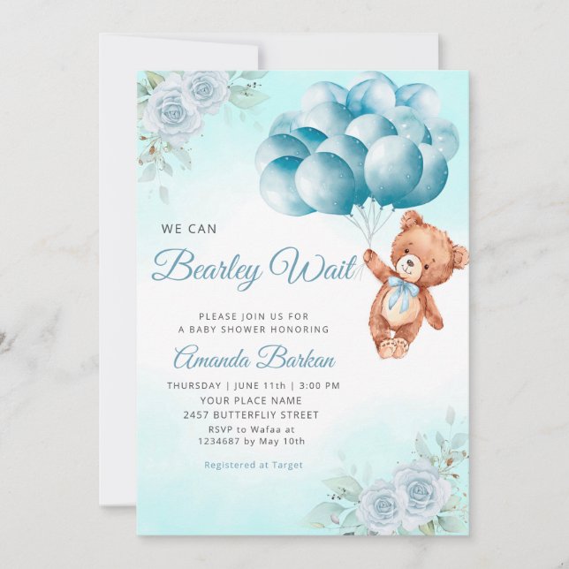Teddy Bear Balloons Boy Bearly Wait Baby Shower Invitation (Front)
