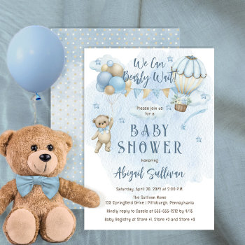 Teddy Bear Balloons Boy Bearly Wait Baby Shower Invitation by holidayhearts at Zazzle