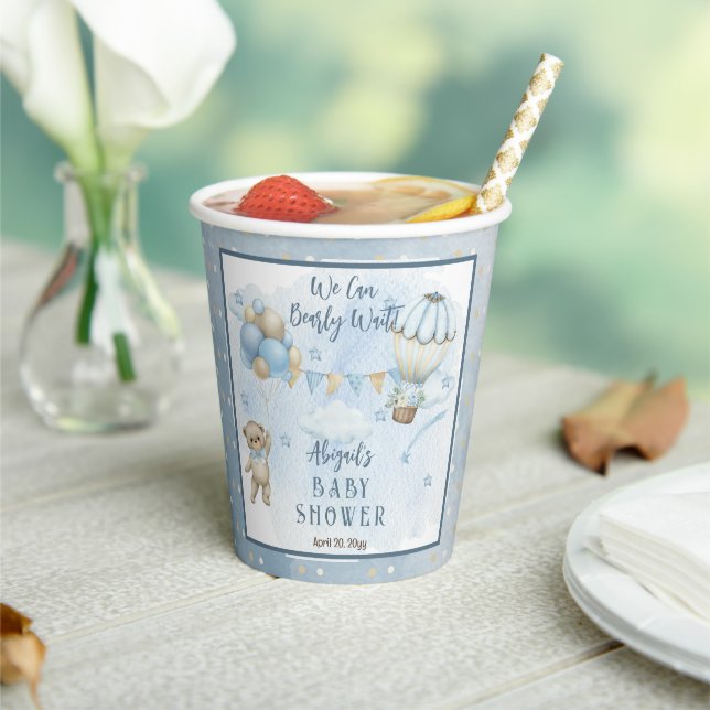 Teddy Bear Balloons Boy Bearly Wait Baby Shower  Paper Cups (Insitu)