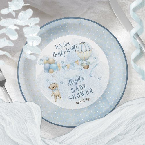 Teddy Bear Balloons Boy Bearly Wait Baby Shower  Paper Plates