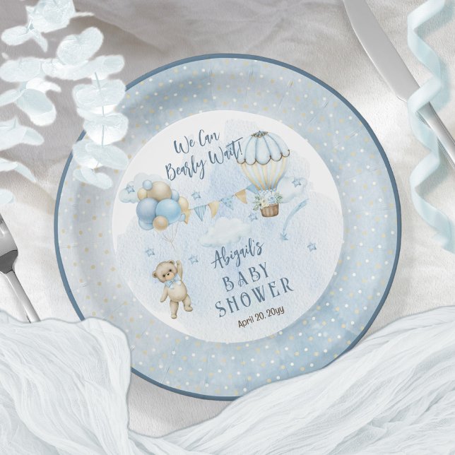 Teddy Bear Balloons Boy Bearly Wait Baby Shower  Paper Plates (Creator Uploaded)