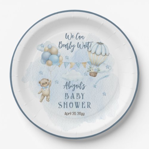 Teddy Bear Balloons Boy Bearly Wait Baby Shower Paper Plates