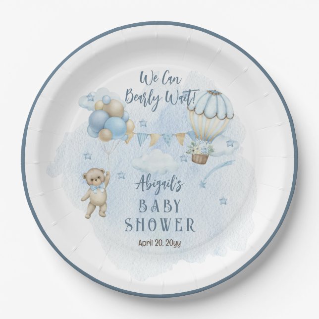 Teddy Bear Balloons Boy Bearly Wait Baby Shower Paper Plates (Front)