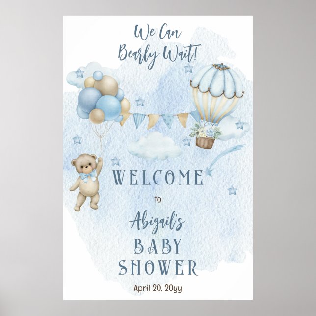 Teddy Bear Balloons Boy Bearly Wait Baby Shower  Poster (Front)