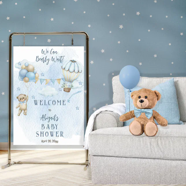 Teddy Bear Balloons Boy Bearly Wait Baby Shower Poster