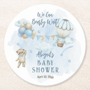 Teddy Bear Balloons Boy Bearly Wait Baby Shower Round Paper Coaster