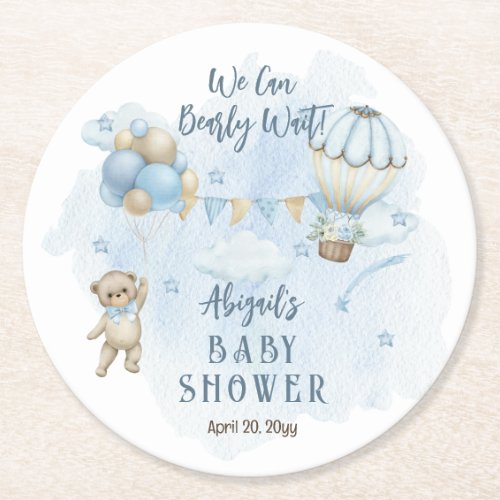 Teddy Bear Balloons Boy Bearly Wait Baby Shower  Round Paper Coaster