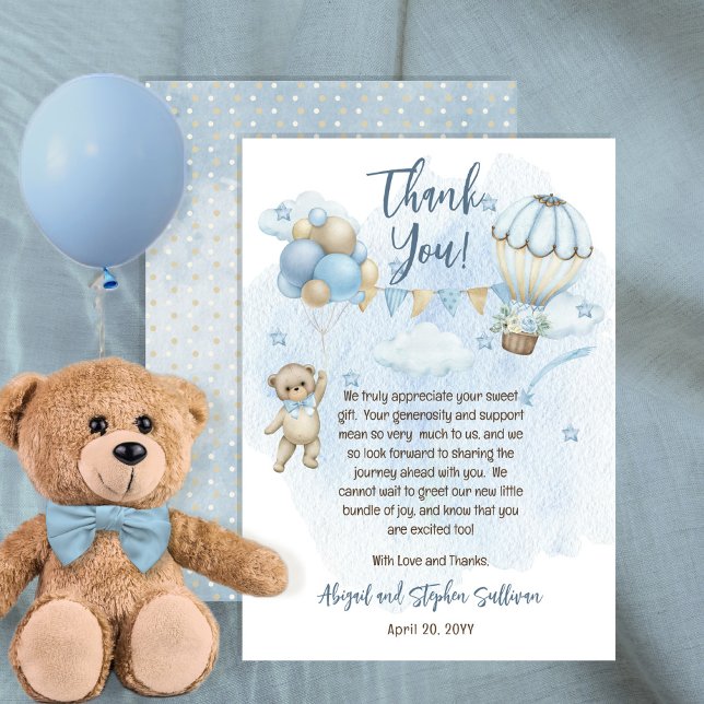 Teddy Bear Balloons Boy Bearly Wait Baby Shower Thank You Card (Creator Uploaded)