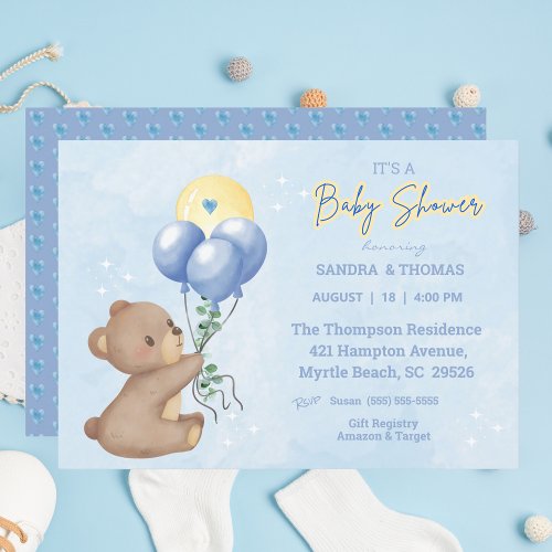 Teddy Bear Balloons Boys Baby Shower Invitation