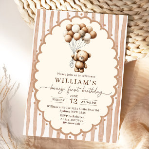 Teddy Bear Balloons Brown Stripes 1st Birthday Invitation