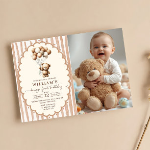 Teddy Bear Balloons Brown Stripes 1st Birthday Invitation