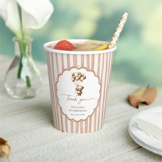 Teddy Bear Balloons Brown Stripes Birthday Paper Cups (Insitu)