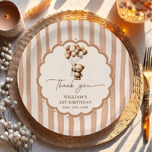 Teddy Bear Balloons Brown Stripes Birthday Paper Plates