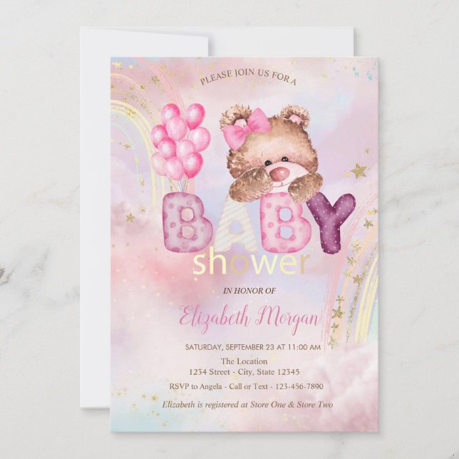 Teddy Bear Balloons Cloud Rainbow Baby Shower Invitation (Front)