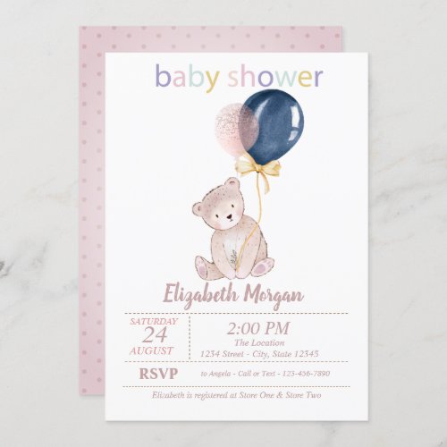 Teddy Bear Balloons Dots Baby Shower  Invitation