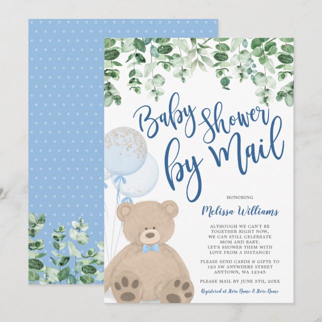 Teddy Bear Balloons Eucalyptus Baby Shower by Mail Invitation (Front/Back)