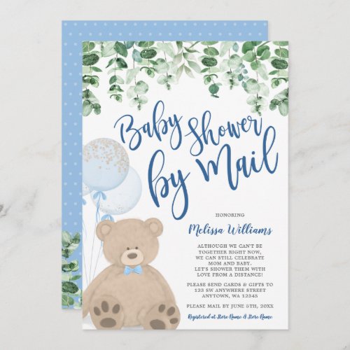 Teddy Bear Balloons Eucalyptus Baby Shower by Mail Invitation