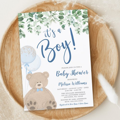 Teddy Bear Balloons Eucalyptus Boy Baby Shower Invitation