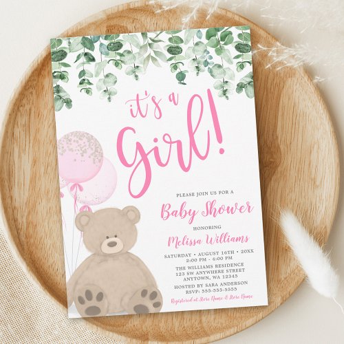 Teddy Bear Balloons Eucalyptus Girl Baby Shower Invitation