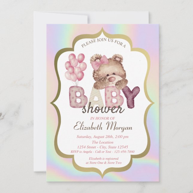 Teddy Bear Balloons Frame Holographic Baby Shower Invitation (Front)