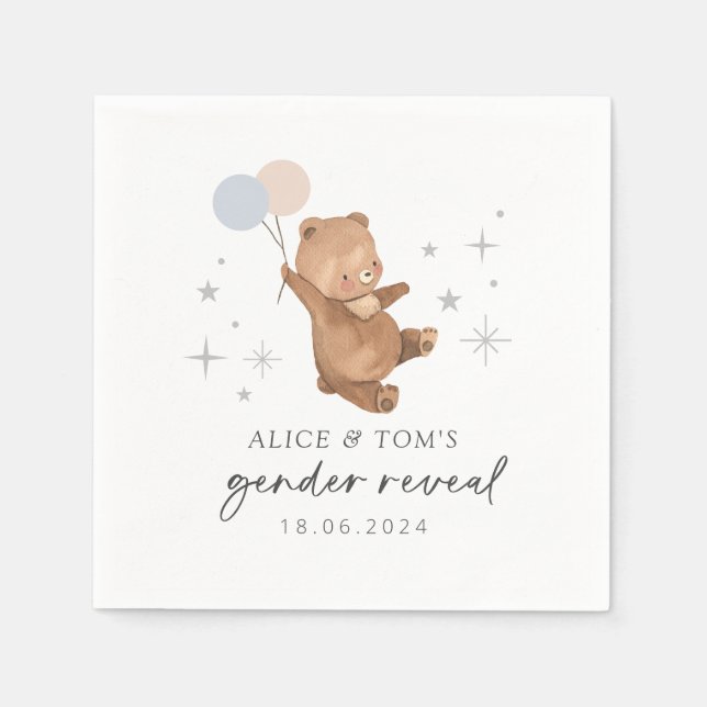 Teddy Bear Balloons Gender Reveal Napkins (Front)