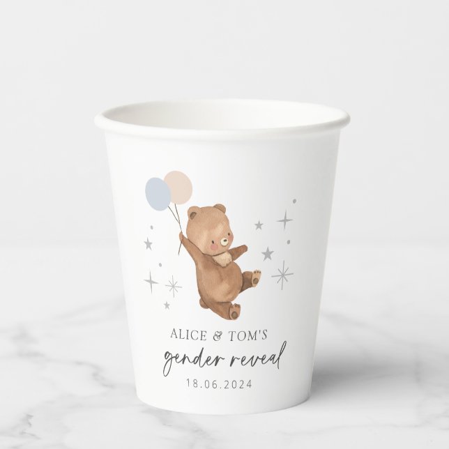 Teddy Bear Balloons Gender Reveal Paper Cups (Front)