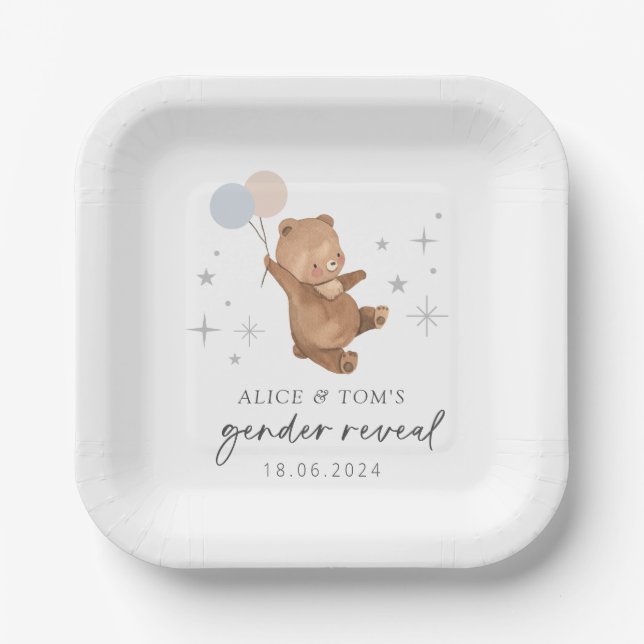 Teddy Bear Balloons Gender Reveal Paper Plates (Front)