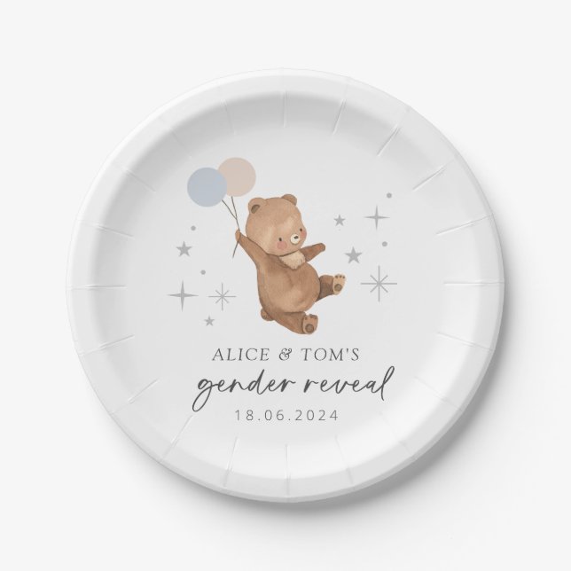 Teddy Bear Balloons Gender Reveal Paper Plates (Front)