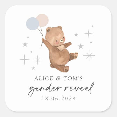 Teddy Bear Balloons Gender Reveal Square Sticker