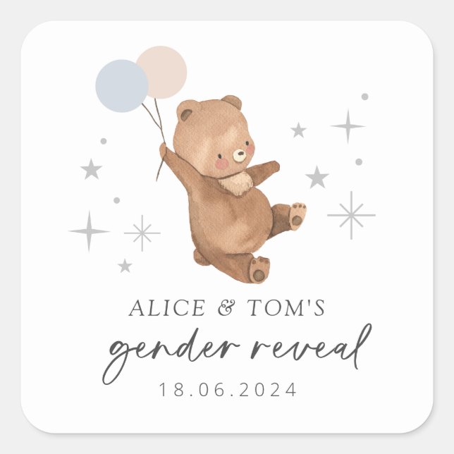 Teddy Bear Balloons Gender Reveal Square Sticker (Front)