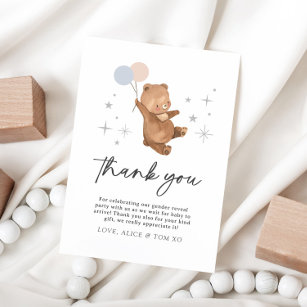 Teddy Bear Balloons Gender Reveal - Thank You Card