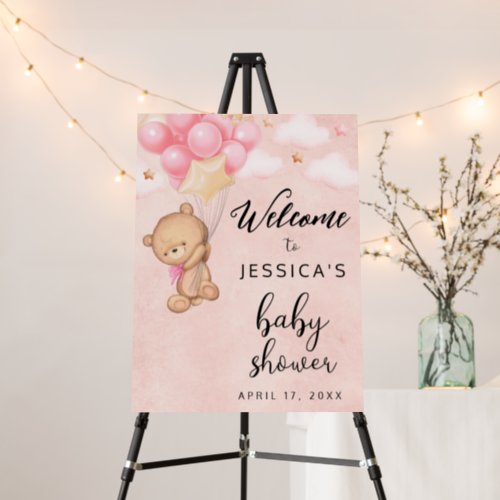 Teddy Bear Balloons Girl Baby Shower Welcome Sign