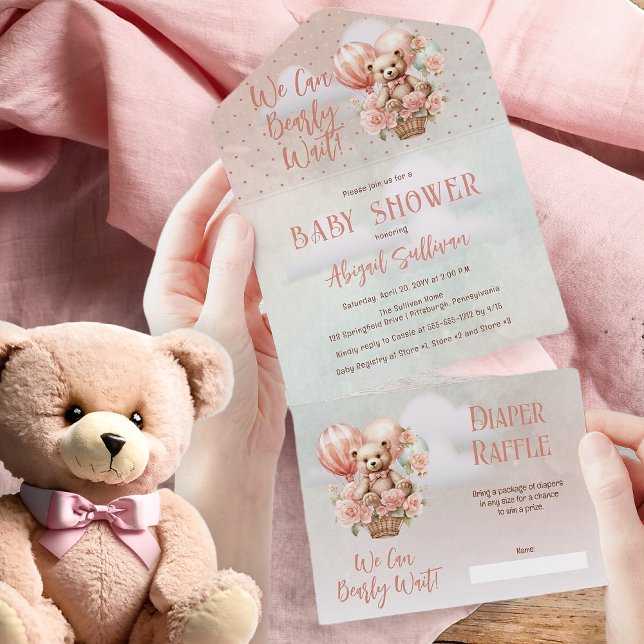 Teddy Bear Balloons Girl Bearly Wait Baby Shower All In One Invitation (Teddy Bear in a Hot Air Balloon with Pink Flowers "We Can Bearly Wait" Girl Baby Shower All in One)