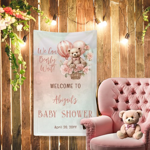 Teddy Bear Balloons Girl Bearly Wait Baby Shower Banner