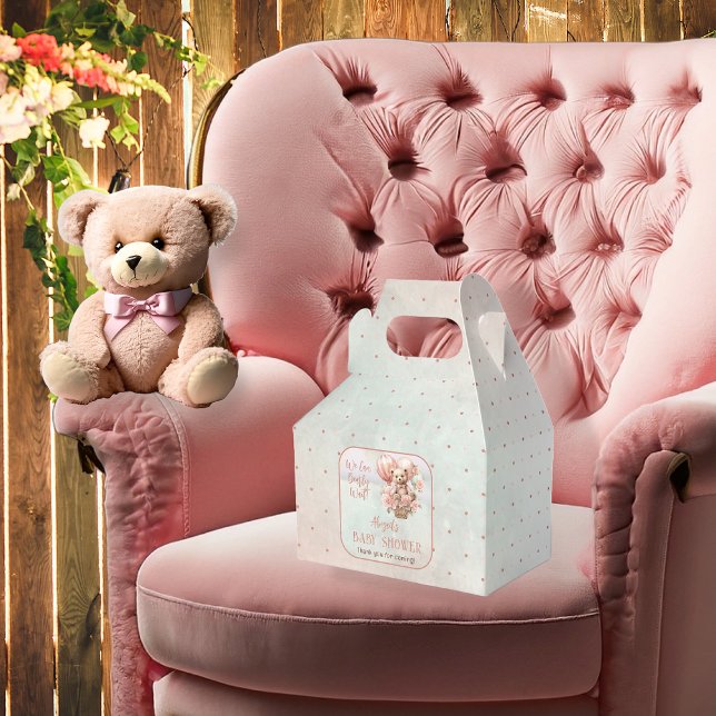 Teddy Bear Balloons Girl Bearly Wait Baby Shower Favor Boxes (Teddy Bear and Pink Hot Air Balloons with Flowers "We Can Bearly Wait" Baby Shower Favor Box)