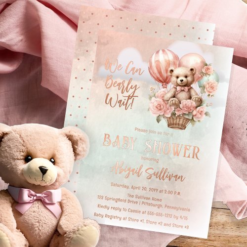Teddy Bear Balloons Girl Bearly Wait Baby Shower Foil Invitation
