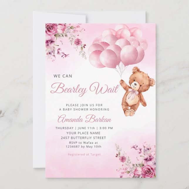 Teddy Bear Balloons girl Bearly Wait Baby Shower Invitation (Front)