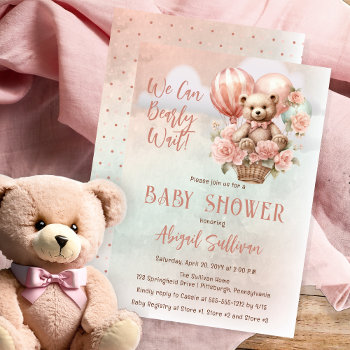Teddy Bear Balloons Girl Bearly Wait Baby Shower Invitation by holidayhearts at Zazzle