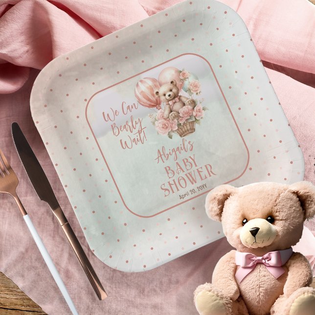 Teddy Bear Balloons Girl Bearly Wait Baby Shower Paper Plates (Teddy Bear in a Hot Air Balloon with Pink Flowers  Girl Baby Shower Square Paper Plate)