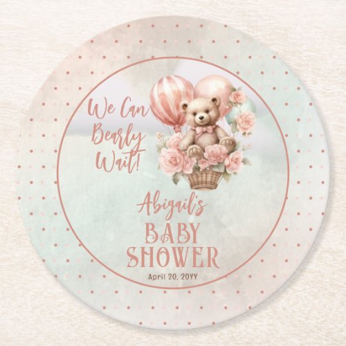 Teddy Bear Balloons Girl Bearly Wait Baby Shower Round Paper Coaster