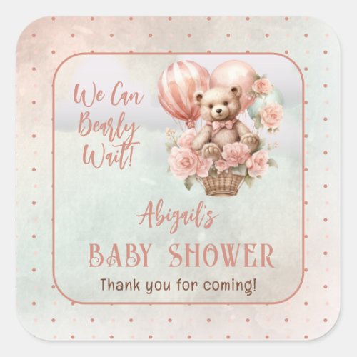 Teddy Bear Balloons Girl Bearly Wait Baby Shower Square Sticker