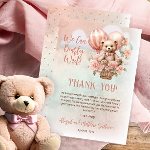Teddy Bear Balloons Girl Bearly Wait Baby Shower Thank You Card